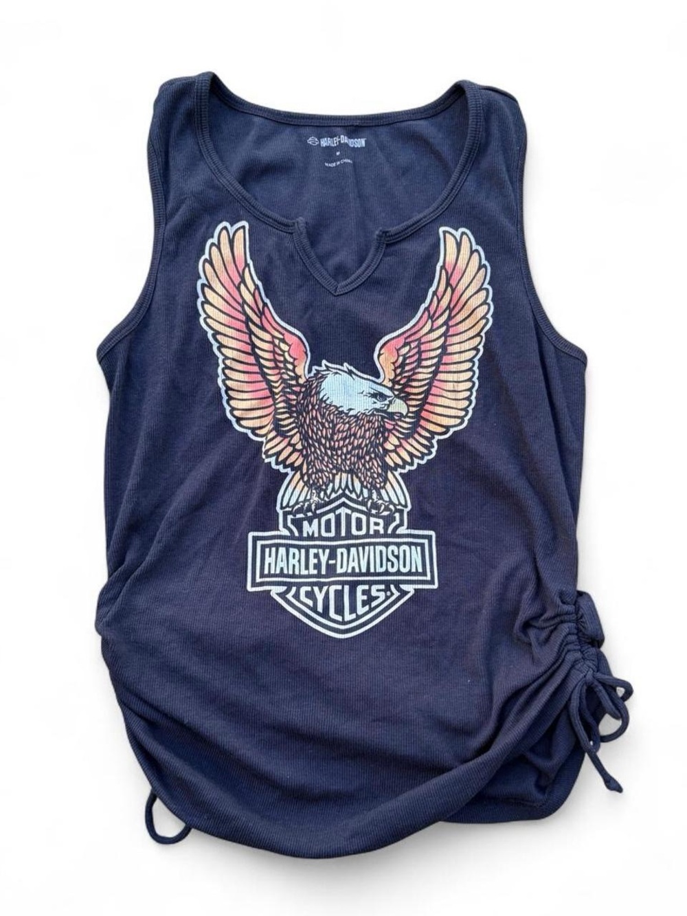 Harley-Davidson Navy Tank Top with Eagle Graphic and Side Tie